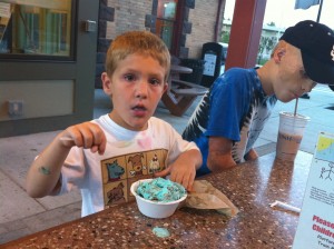 Mac eating some Dinosaur Crunch!